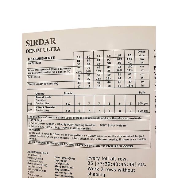 New Sirdar 5117 Denim Ultra Womens V Neck Crewneck Sweater Knitting Pattern - Picture 3 of 5